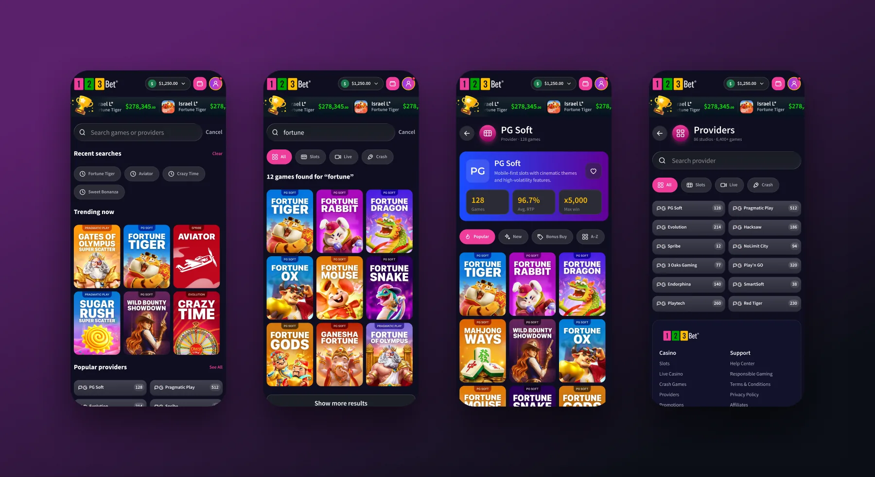 Search with recent and trending games, results and providers