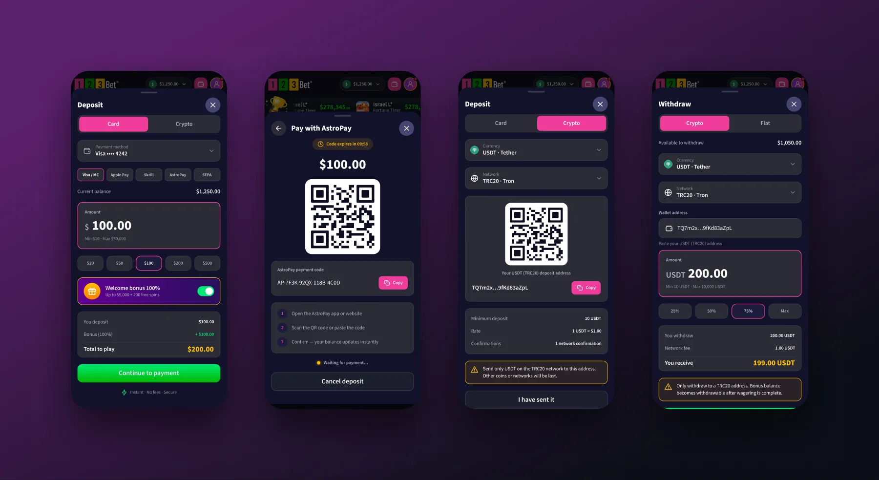 Deposit by card, instant payment and crypto, and withdrawal