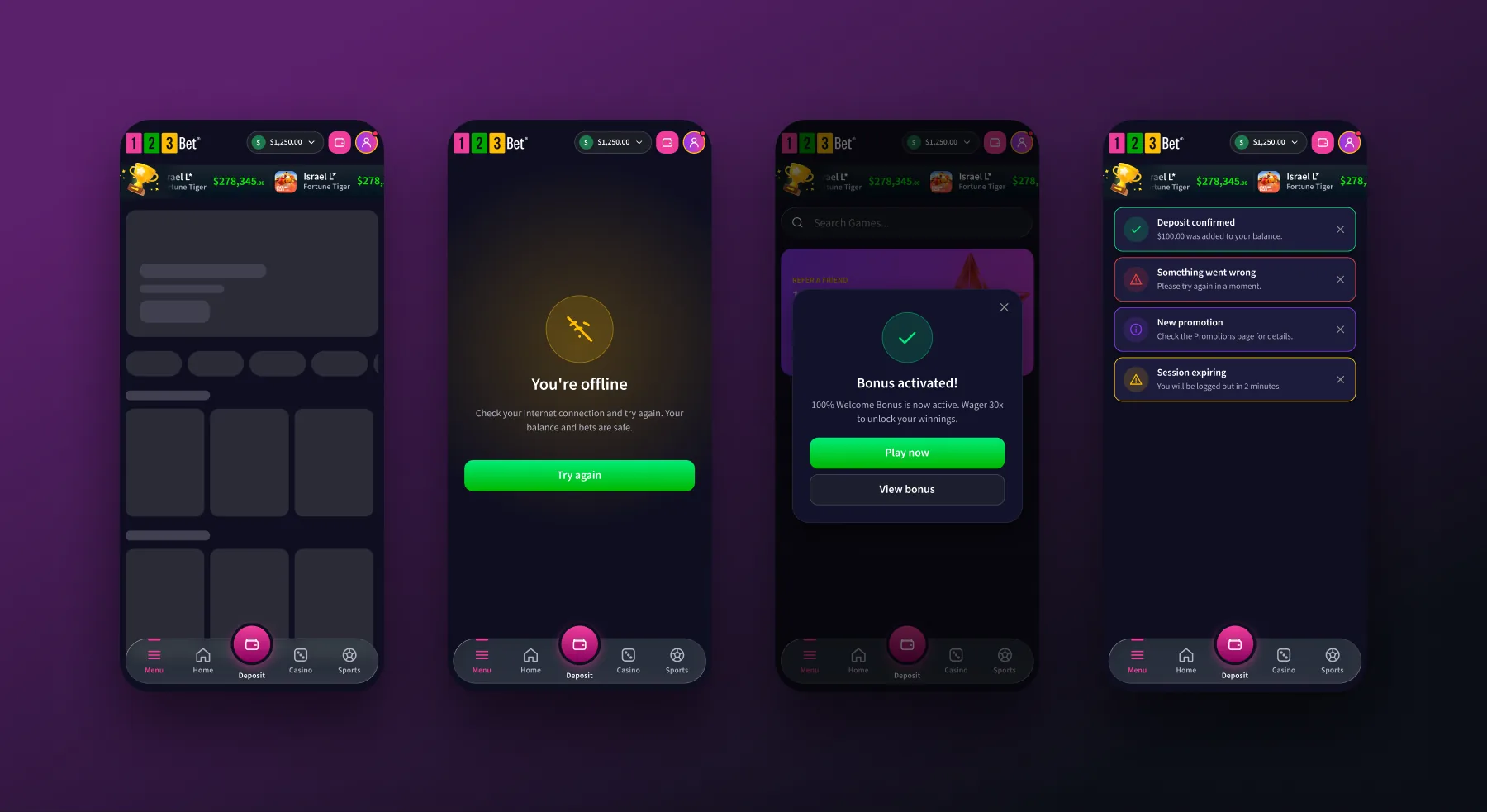 Skeleton, offline, success modal and toasts