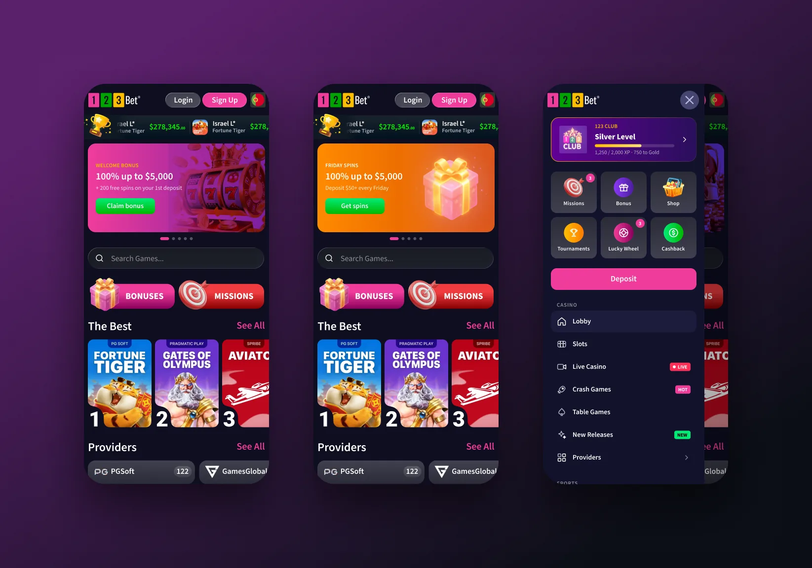123 Bet mobile home, home variation and side menu