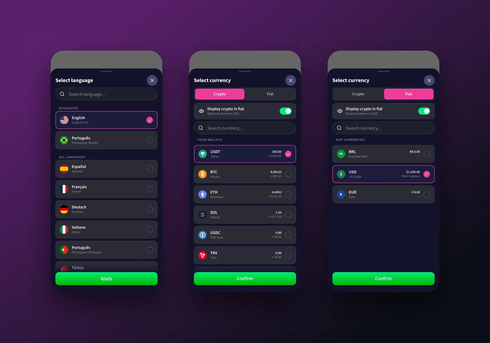 Language and currency, crypto and fiat
