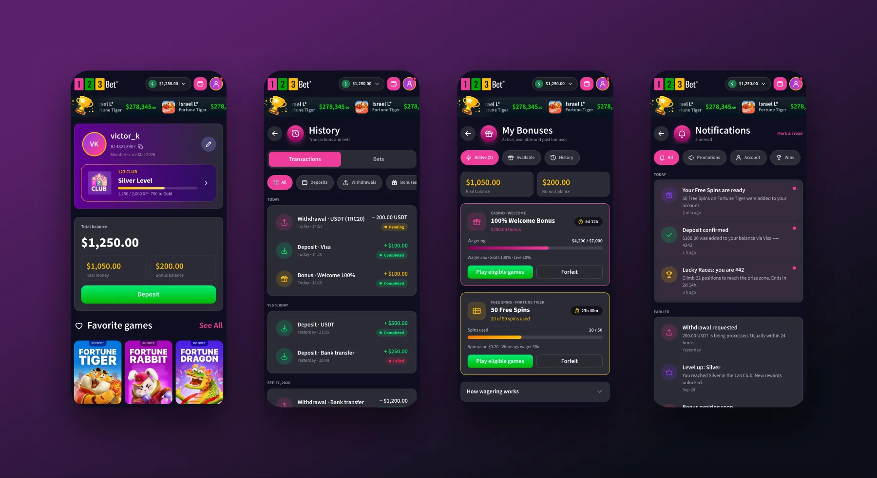 Profile, history, my bonuses and notifications
