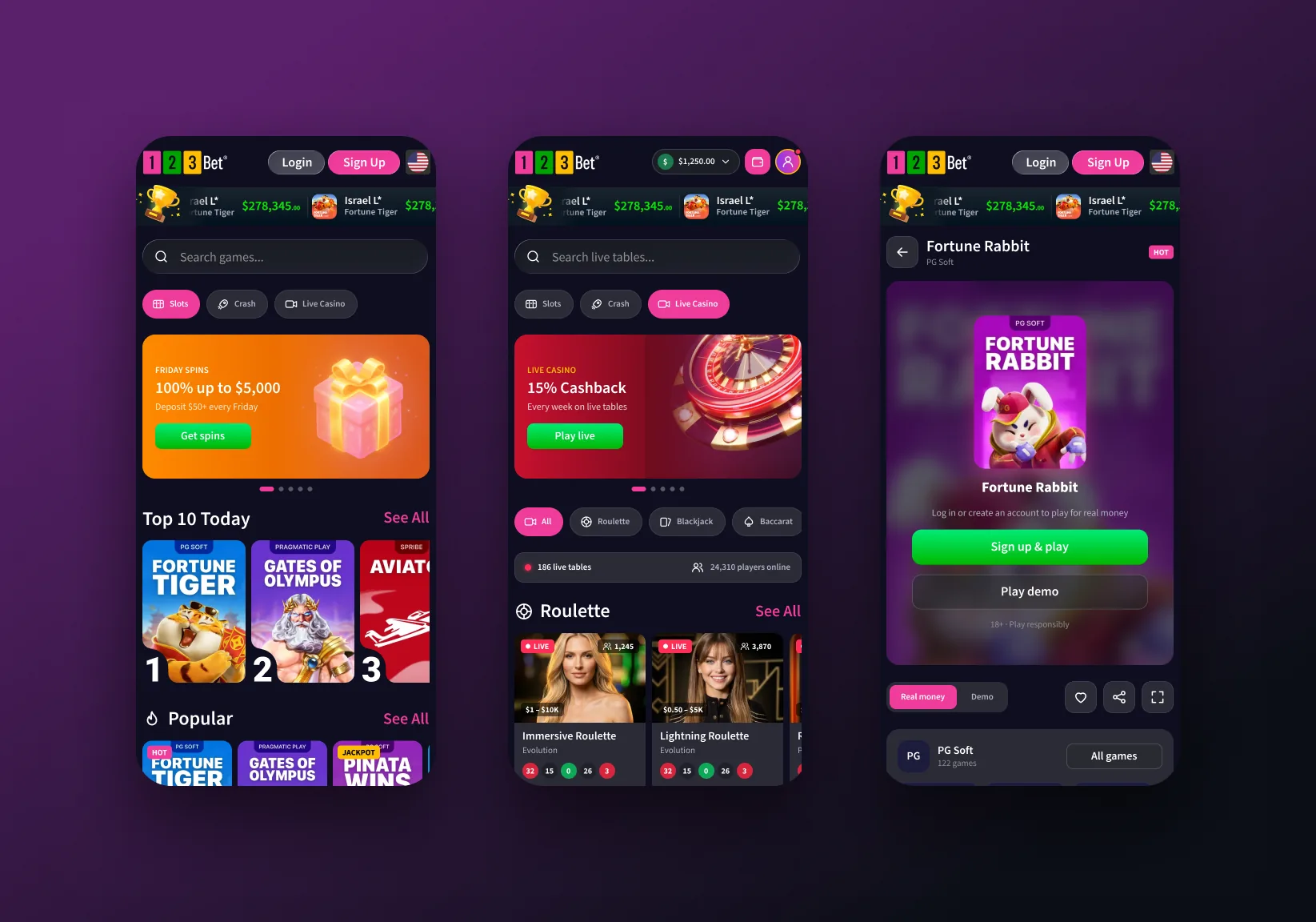 Slots, live casino and game preview