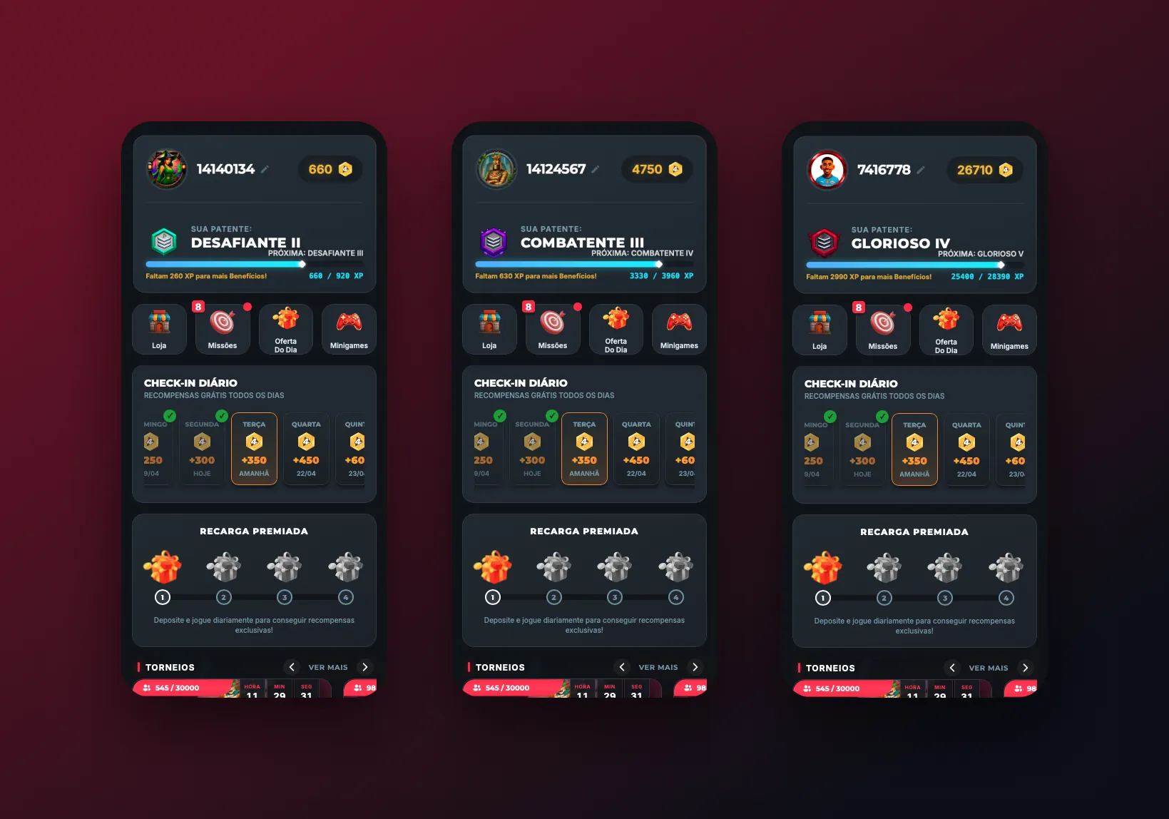 Loyalty club level screens