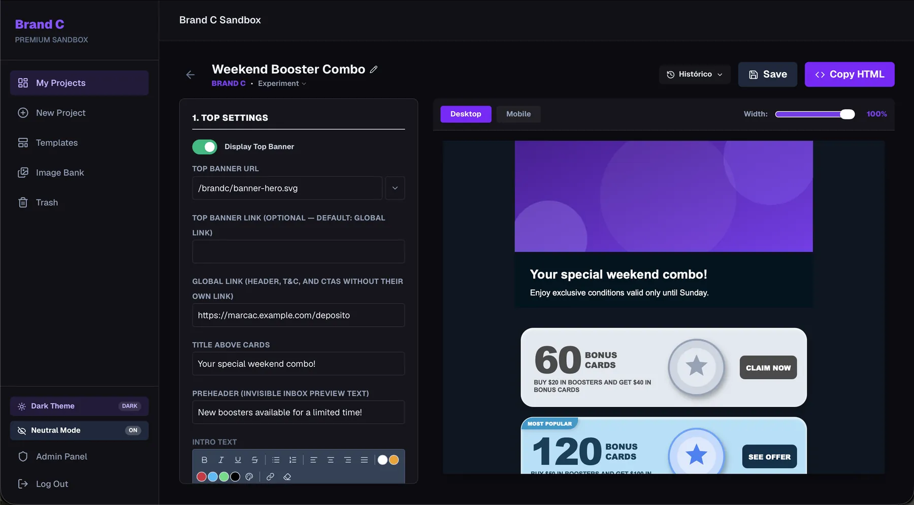 Offer email in the editor, desktop preview
