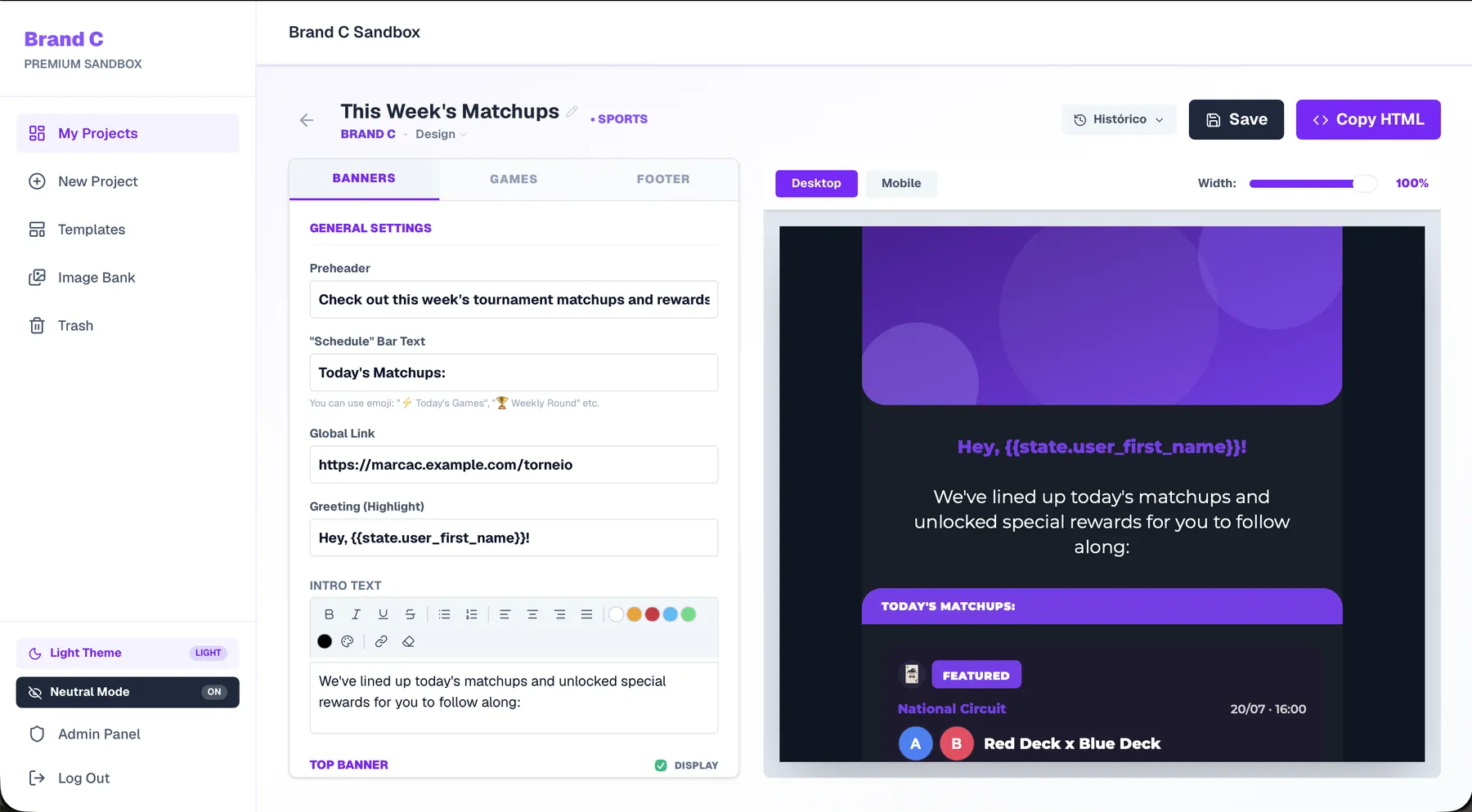 Sports email builder in the light theme