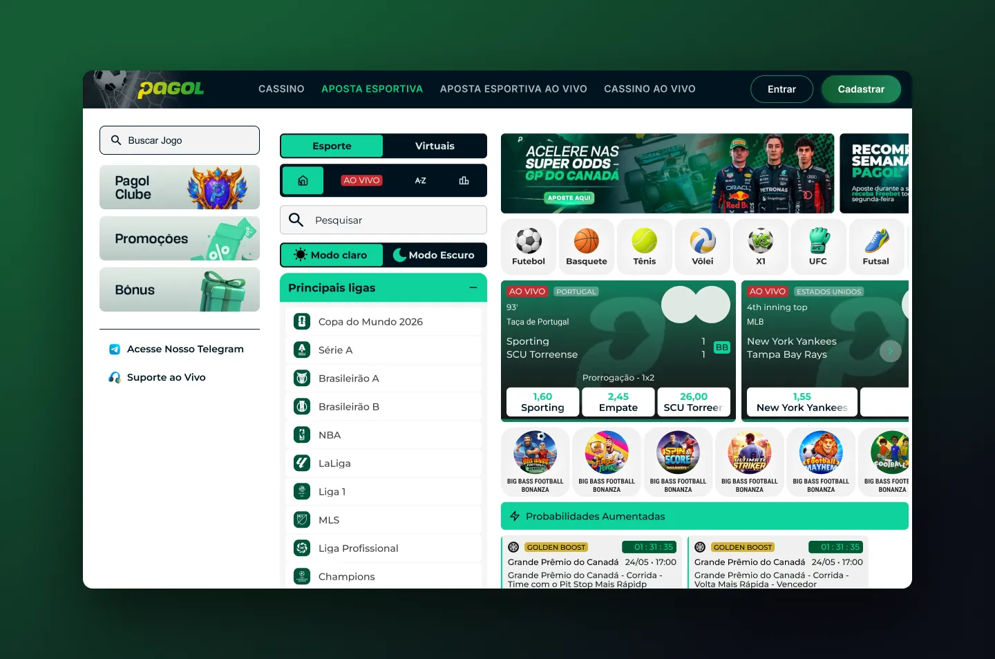 Pagol sports page in the light theme